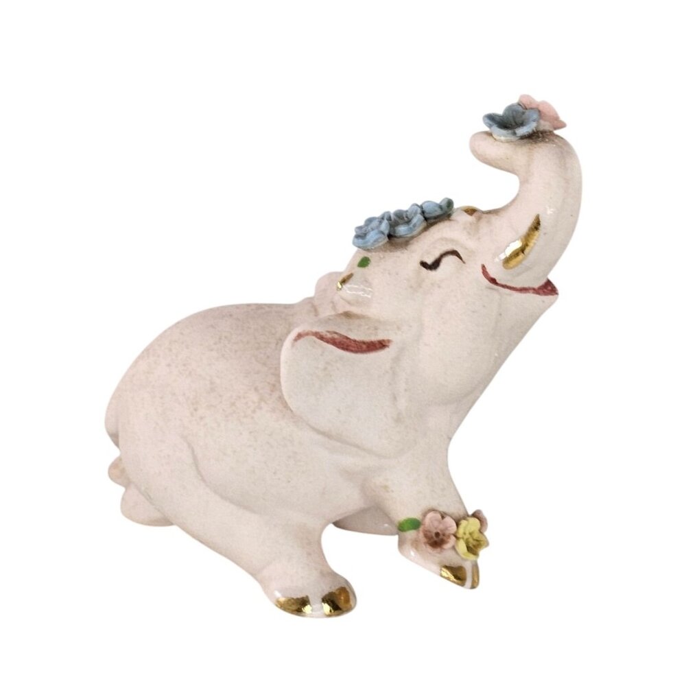 Vintage Walker Renaker Pink Bisque Elephant Figurine Gold Accents Flowers